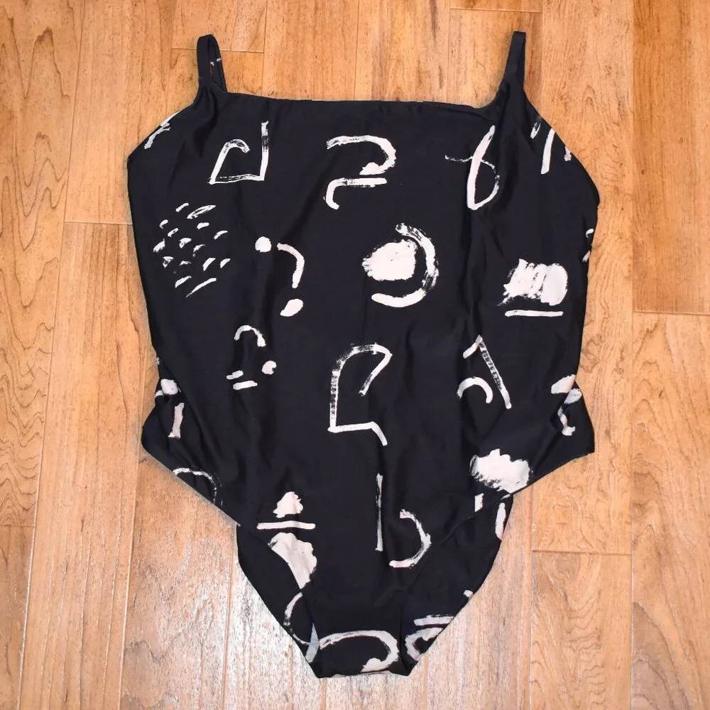 Black One-Piece Swimsuit with Ivory Abstract Print - Picture 3 of 7